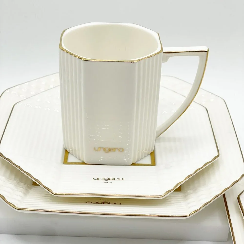 Ungaro Paris Vintage Maebata Coffee Set Cups Saucers Plates 6-Piece Cream Gold